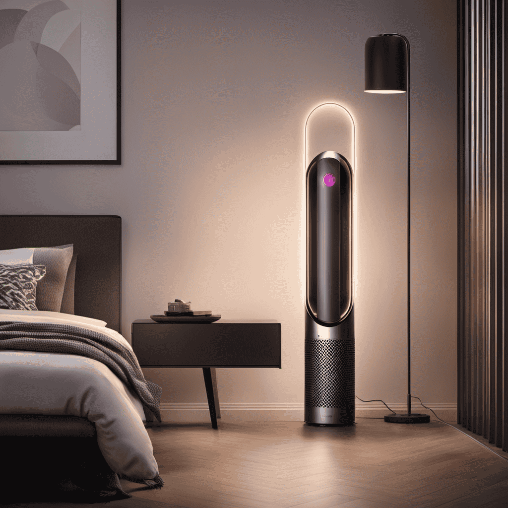 An image showcasing a sleek Dyson Air Purifier with a glowing Auto Mode button, surrounded by a room filled with clean, purified air