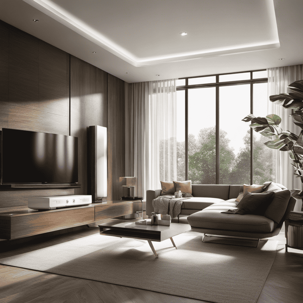 An image showcasing a sleek, modern living room with sunlight streaming through the windows