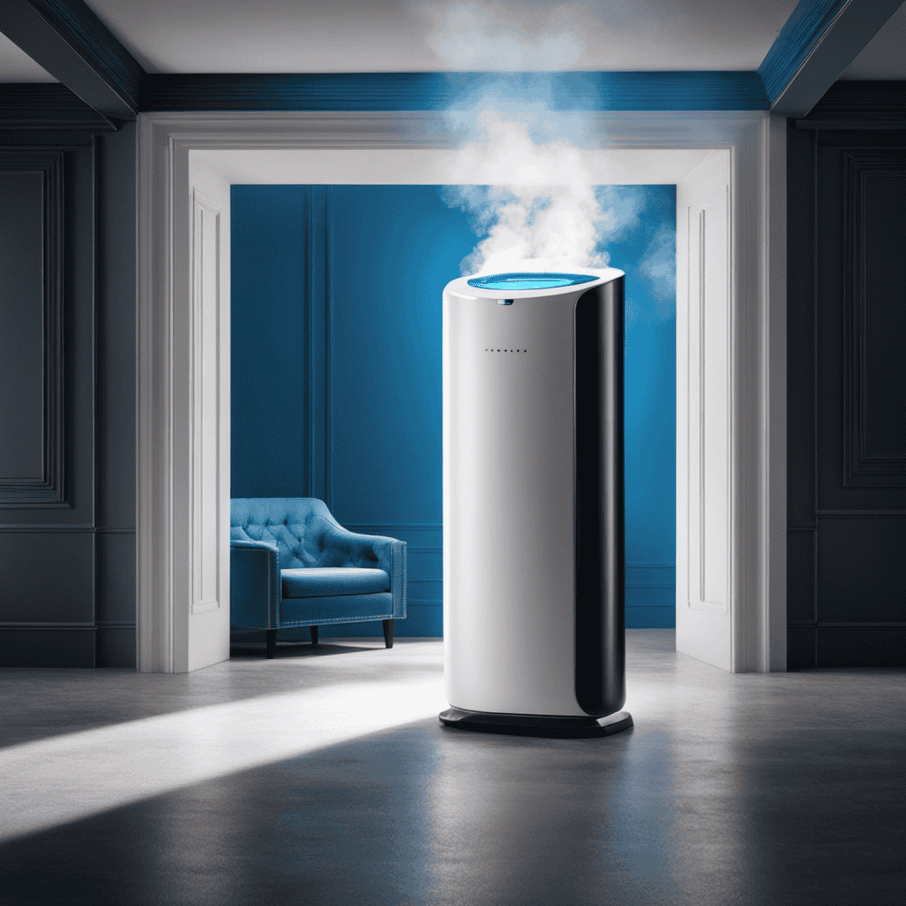 An image showcasing a dimly lit room enveloped in a hazy cloud of cigarette smoke, with a sleek, modern air purifier placed prominently in the center, emitting a vibrant blue light as it effortlessly eliminates the smoke particles from the air