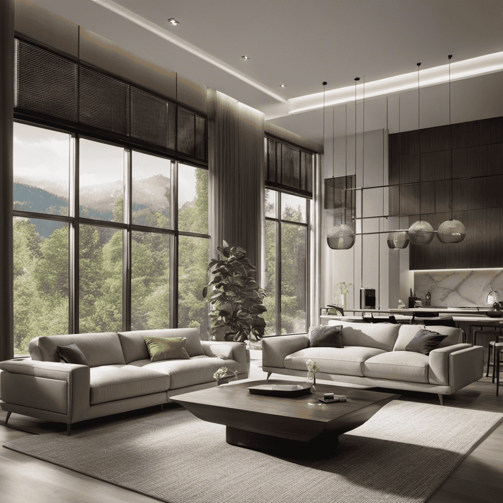 An image showcasing a spacious, modern living room with large windows, filled with sunlight