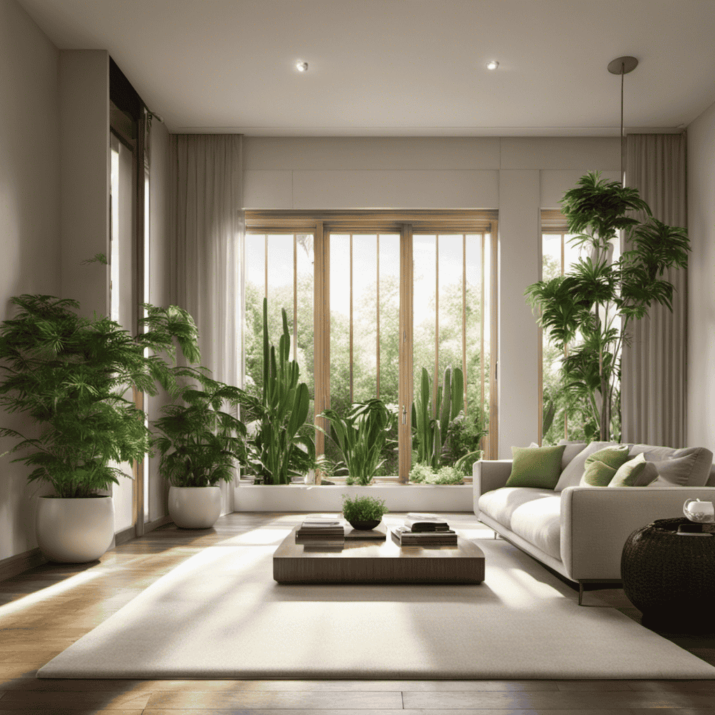 An image showcasing a modern living room with sunlight streaming through open windows, revealing a sleek air purifier quietly eliminating allergens