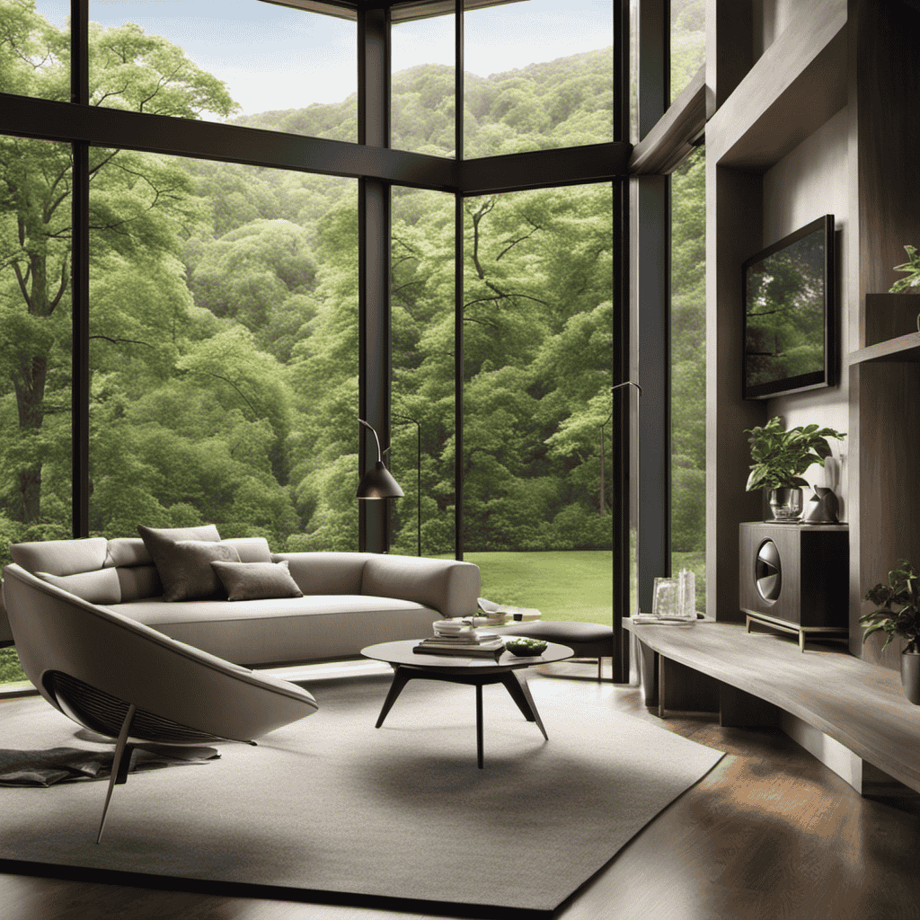 An image featuring a sleek, modern living room with large windows showcasing a lush green outdoor landscape