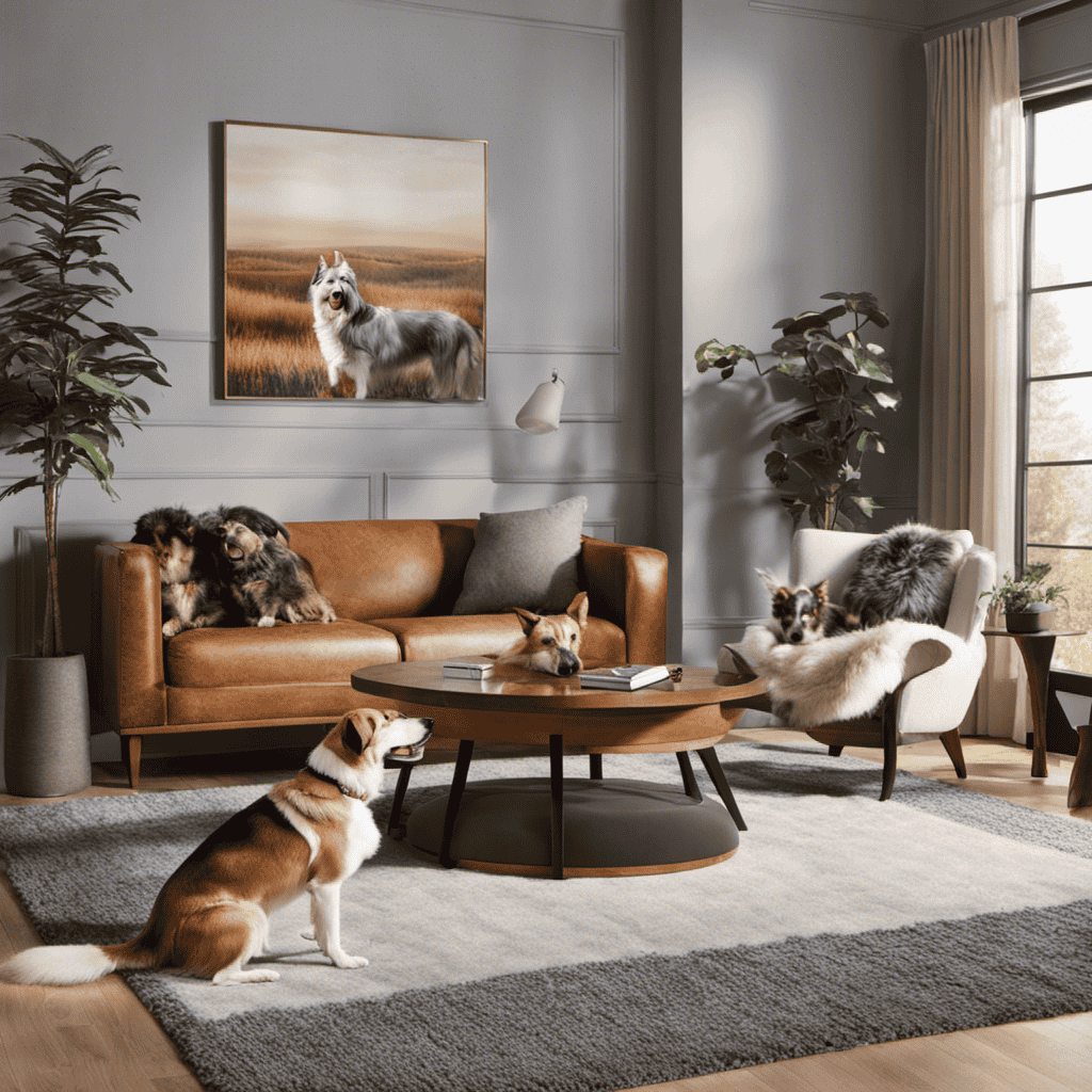 An image showcasing a cozy living room with three playful dogs, their fur shedding in mid-air