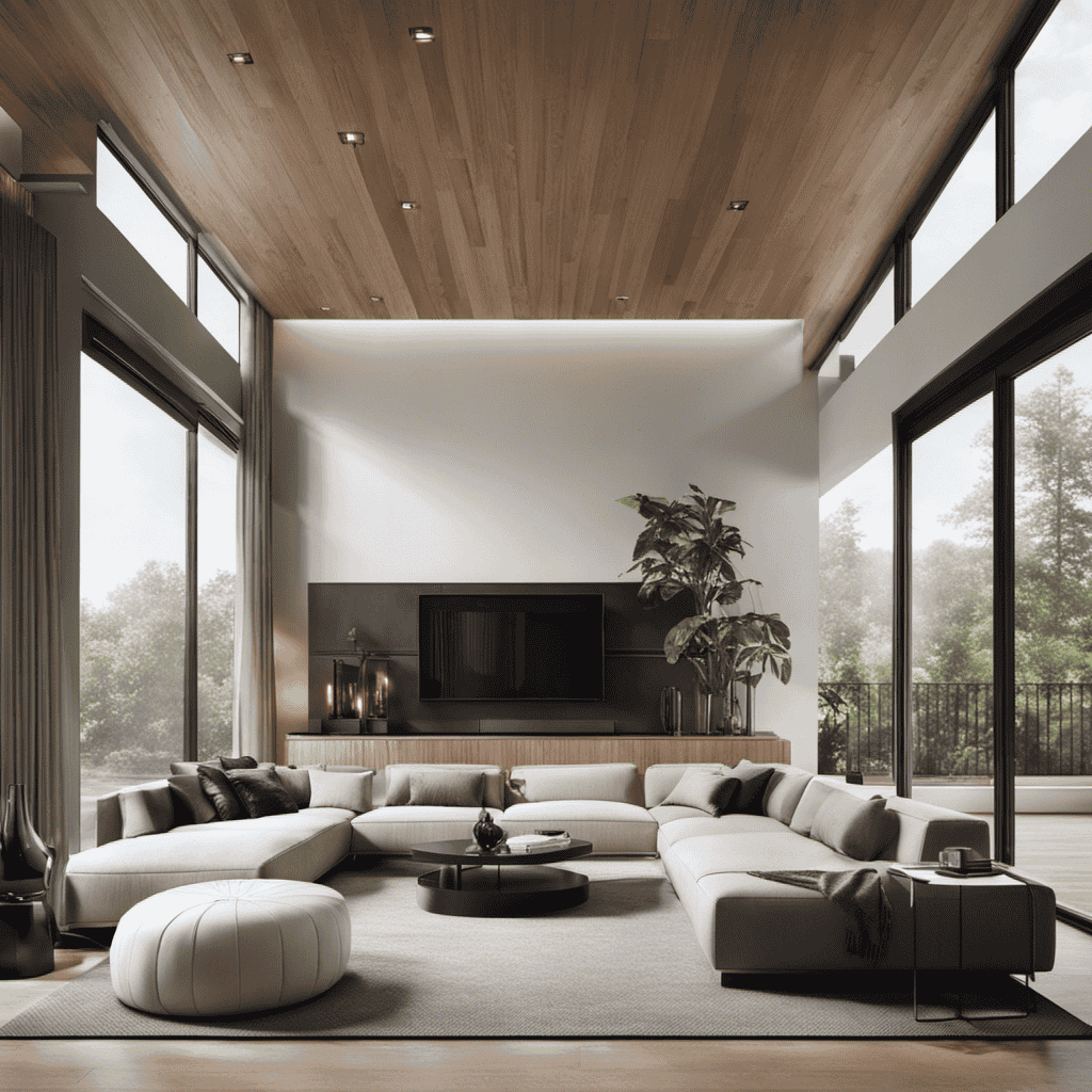 An image showcasing a sleek, modern living room with large windows, bathed in natural light