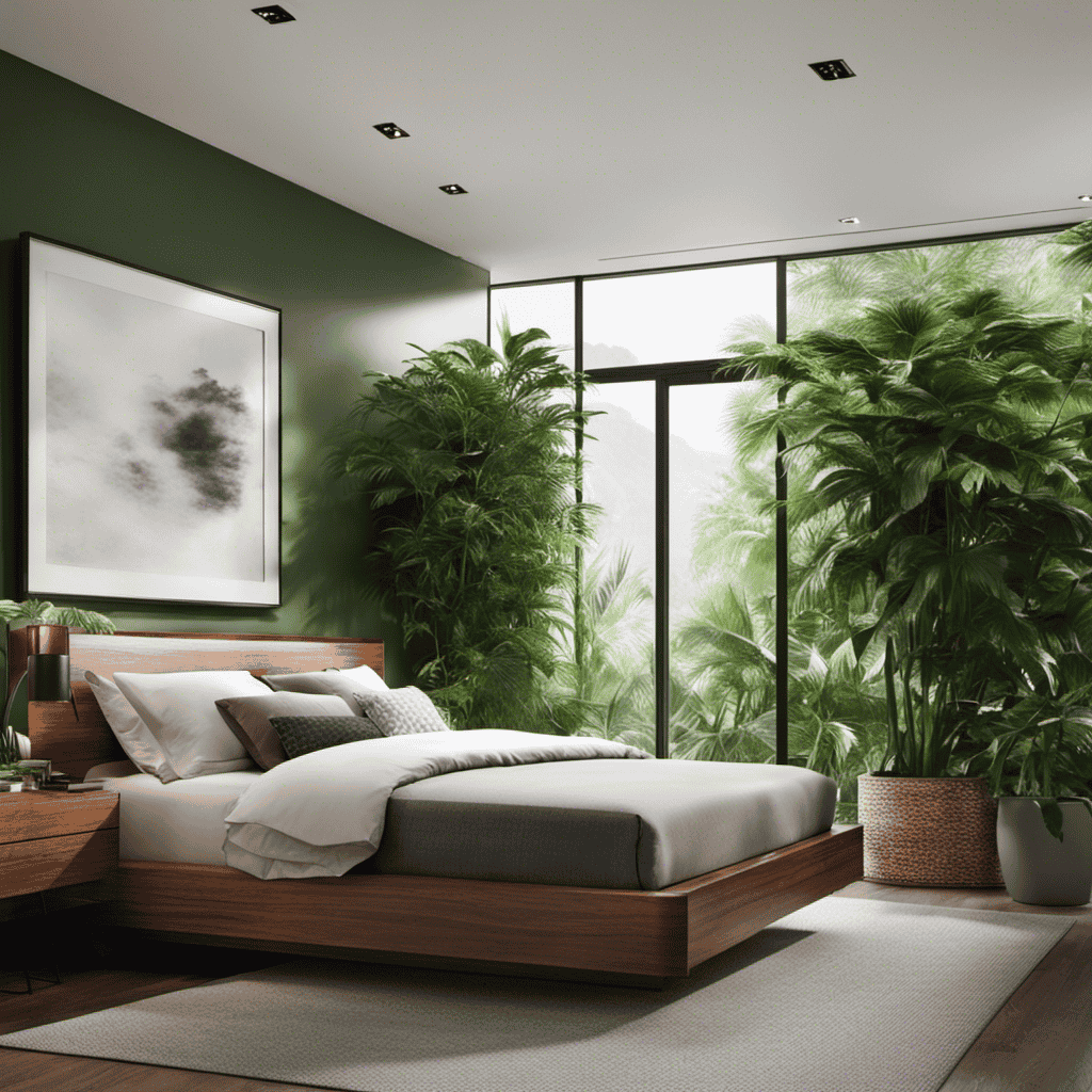 An image showcasing a serene bedroom with a sleek, modern air purifier seamlessly blending in, surrounded by lush green plants