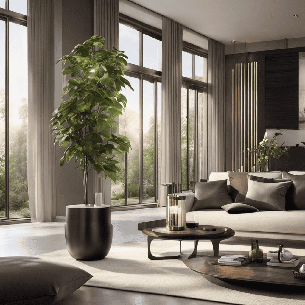 An image featuring a sleek, modern living room with rays of sunlight streaming through open windows