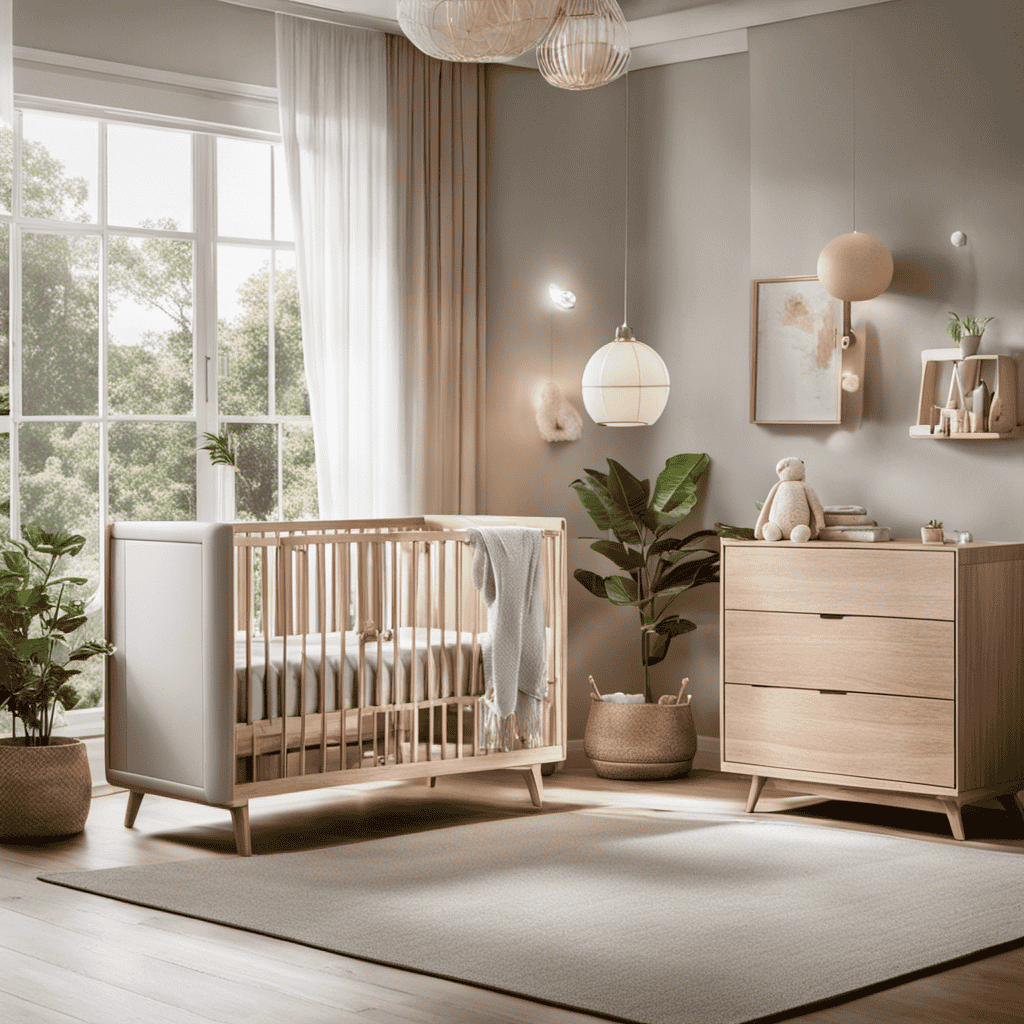 An image showcasing a cozy nursery with a sleeping baby, where a sleek, modern air purifier and a stylish humidifier are placed side by side, subtly suggesting the debate on what's best for the baby's well-being