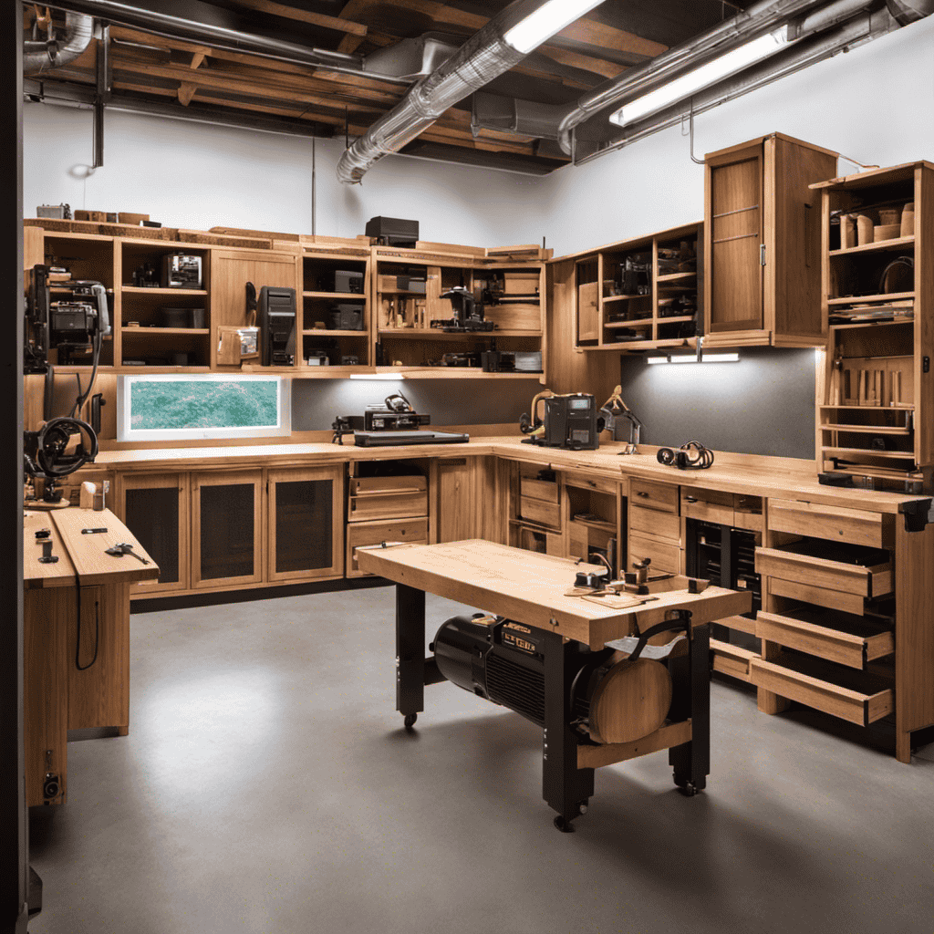 An image of a woodshop with an air purifier mounted on the wall at approximately chest height, positioned near the workbench