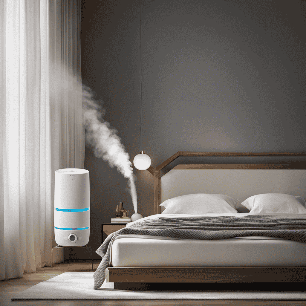 An image showcasing a serene bedroom scene with a humidifier softly releasing a fine mist, while an air purifier filters particles in the air
