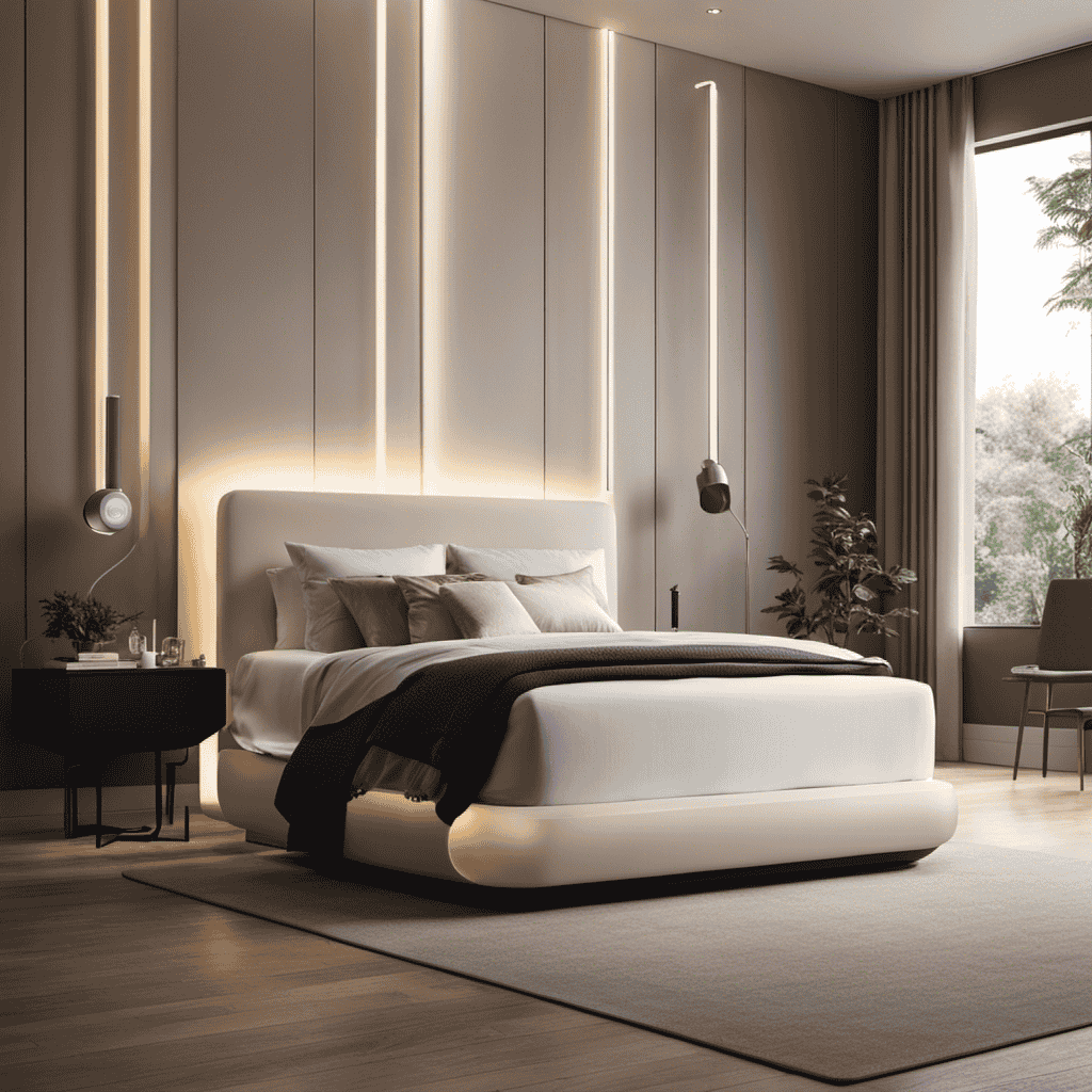 An image showcasing a serene bedroom with a sleek, modern humidifier on one side and an elegant, high-tech air purifier on the other