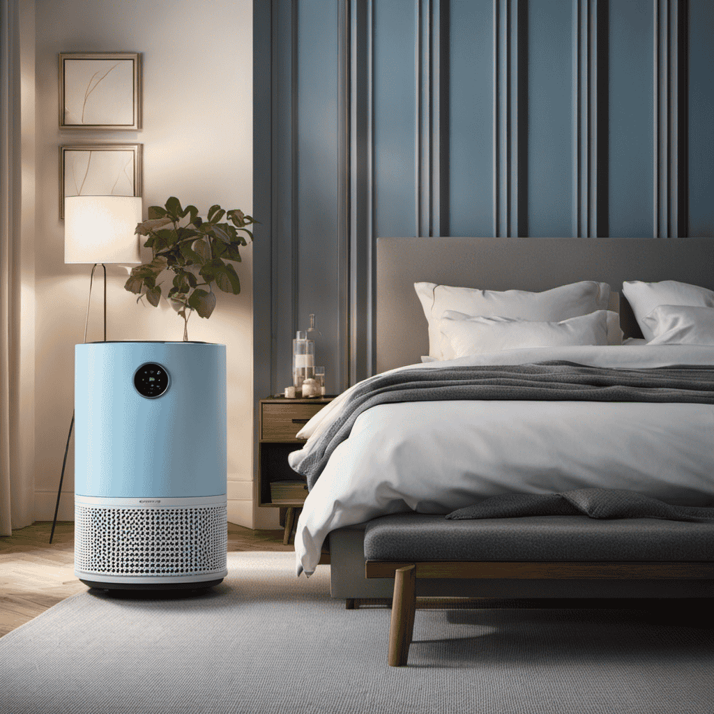 An image showcasing a serene bedroom with an air purifier and a humidifier side by side