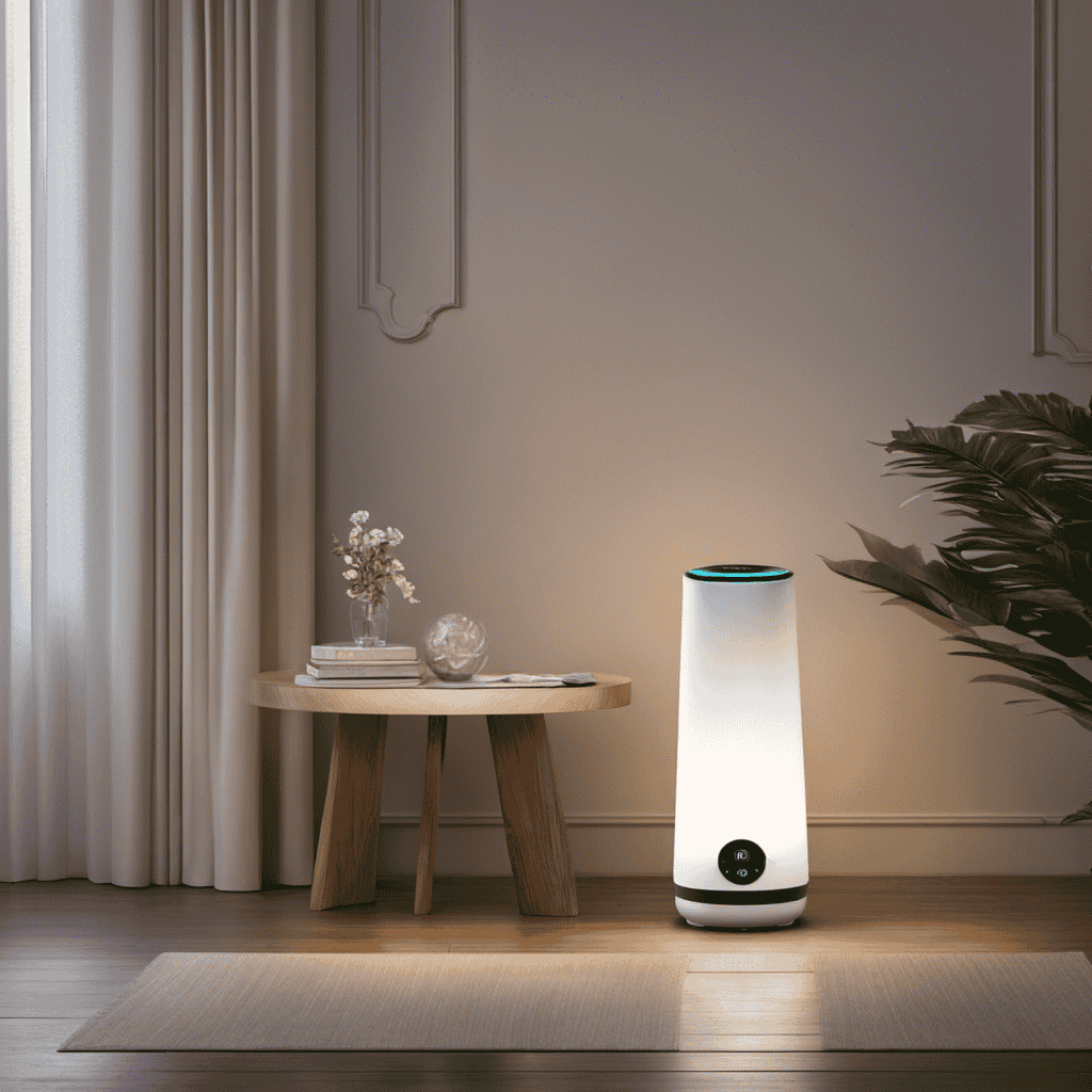 An image depicting a serene bedroom scene with a glowing air purifier softly eliminating airborne particles, while a sleek humidifier generates a delicate mist, evoking a peaceful and harmonious atmosphere