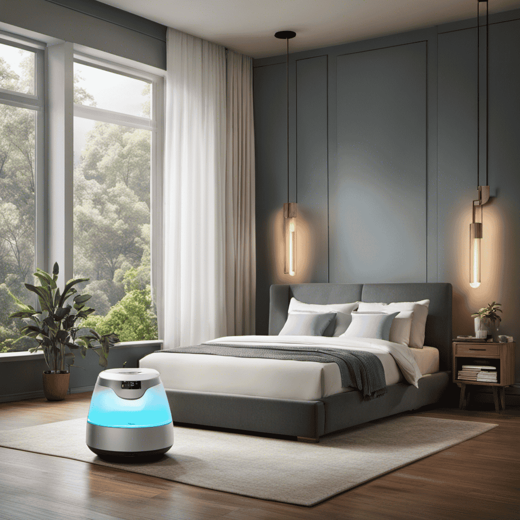 An image featuring a serene bedroom setting, with a humidifier on one side releasing a gentle mist, and an air purifier on the other side quietly filtering the air, symbolizing the debate on what's more effective for allergies