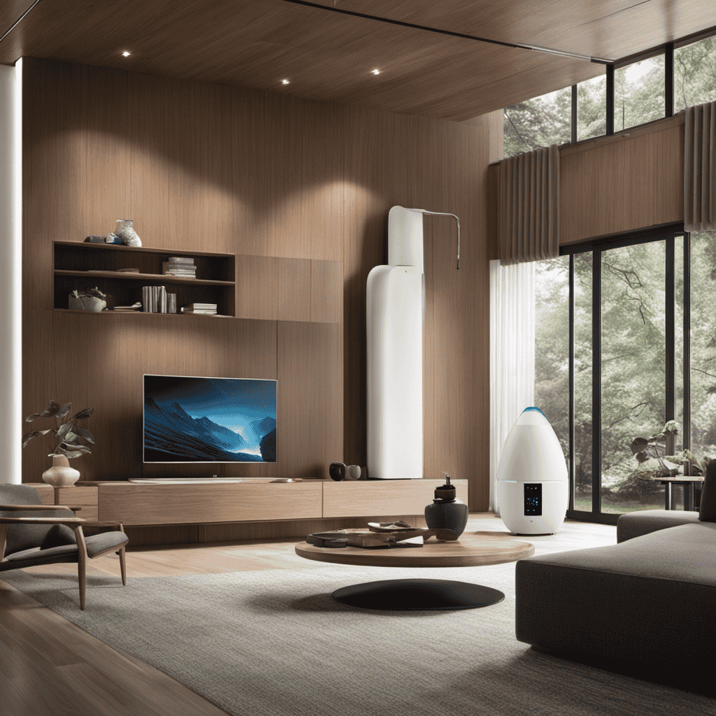 An image showcasing a serene living room with a modern air purifier quietly eliminating airborne pollutants, while a sleek humidifier adds a gentle mist, creating a perfectly balanced and comfortable indoor environment