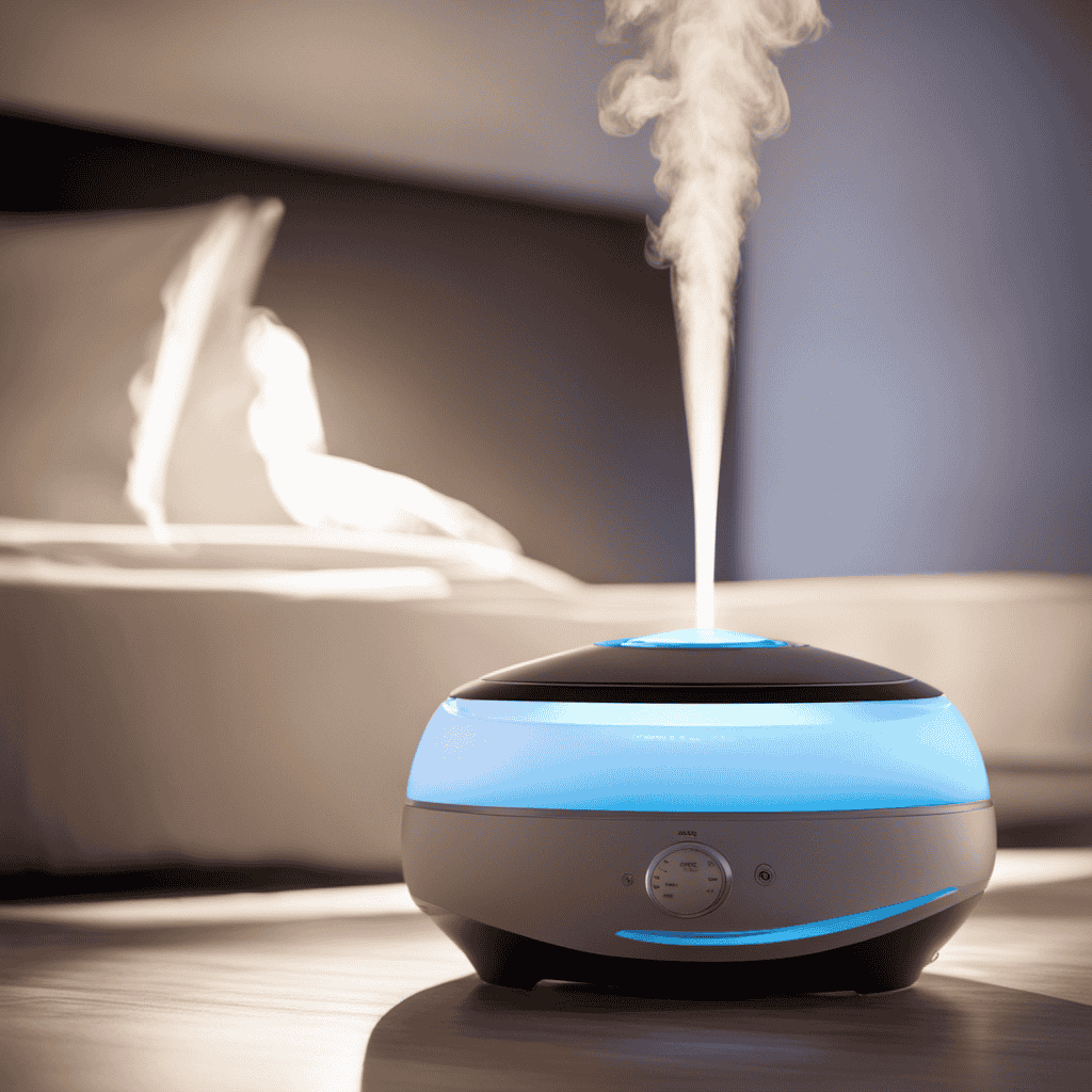 An image showcasing a serene bedroom with a humidifier emitting a fine mist, while an air purifier silently purifies the air