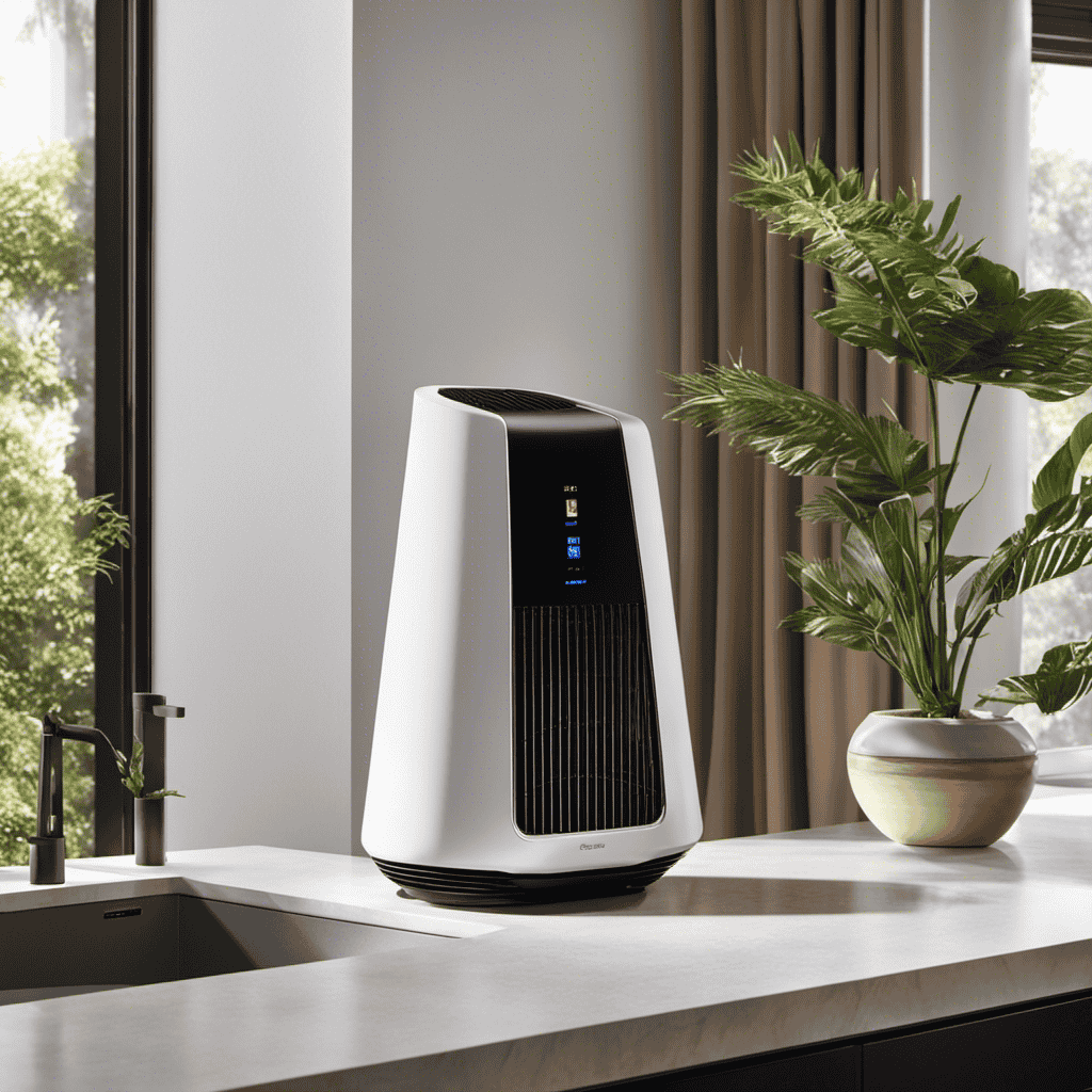 An image showcasing a sleek and modern air purifier, standing tall on a countertop