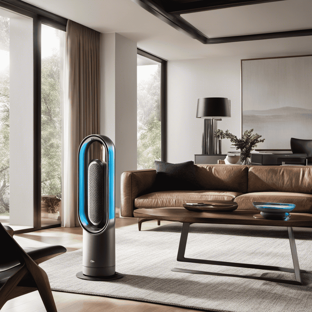 An image showcasing the sleek and modern design of a Dyson Air Purifier, with its bladeless technology, HEPA filter, and intelligent control panel, emanating purified air in a contemporary living room setting