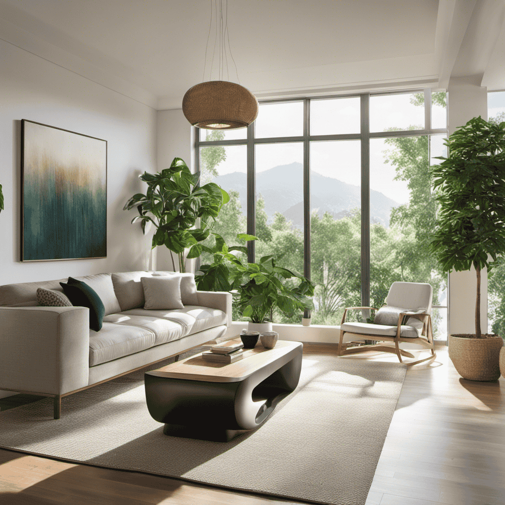 An image that showcases a sleek, modern living room with rays of sunlight streaming through clean windows