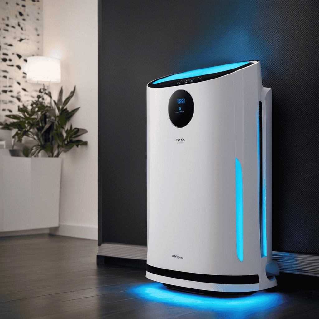 An image of a sleek, white HEPA-type air purifier placed in a room with damp walls covered in black mold patches