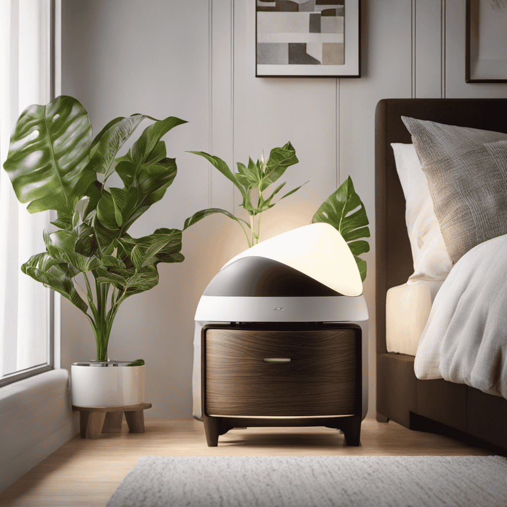 An image showcasing a serene bedroom with a sleek, modern humidifier on a nightstand, dispersing a fine mist, while an air purifier silently filters the air, surrounded by plants and bathed in soft, natural light