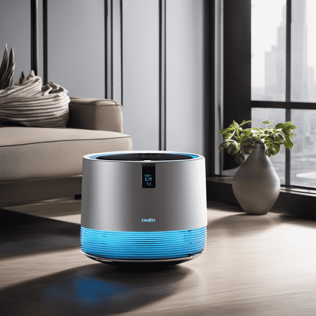 An image featuring an air purifier with a sleek design, emitting a soft blue glow