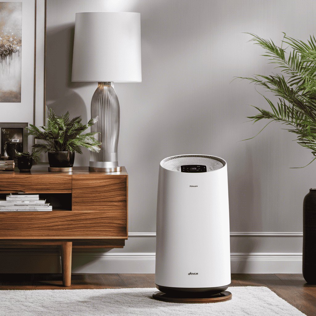 An image that showcases an ionizer air purifier in action, with vibrant rays of negative ions being emitted into a room, attracting and neutralizing airborne pollutants, leaving the air fresh and clean