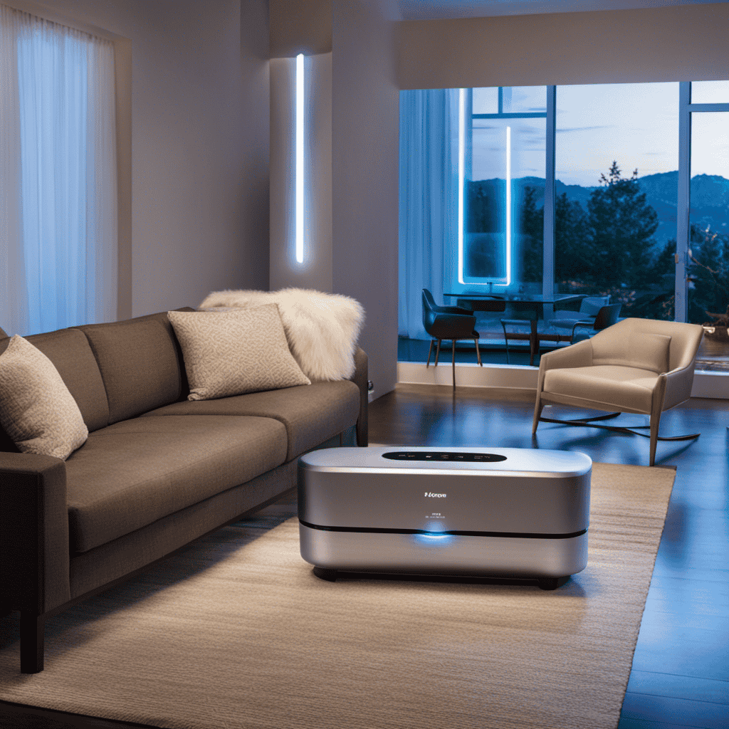 An image showcasing an Ionizer Option Air Purifier in action, with a modern living room as the background
