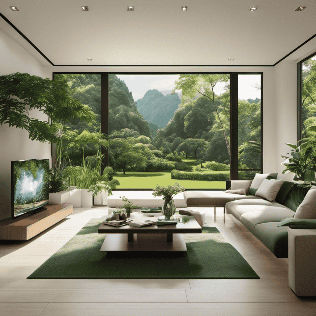 An image showcasing a serene living room with large windows overlooking a lush green garden, where the Naturefresh Air Purifier seamlessly blends in, purifying the air and bringing a breath of fresh, clean nature indoors