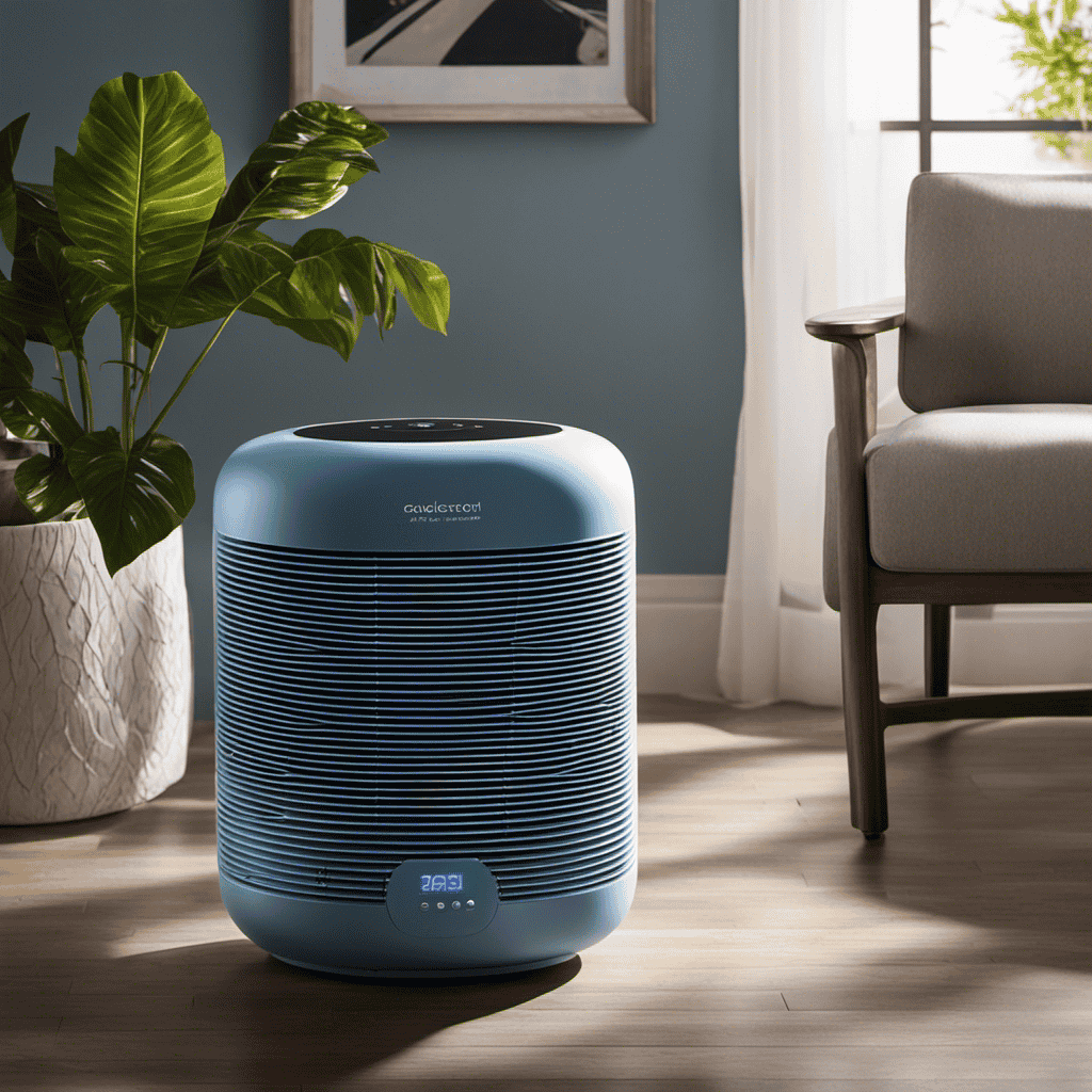 An image of a tranquil, sunlit room with a sleek air purifier emitting a gentle blue glow