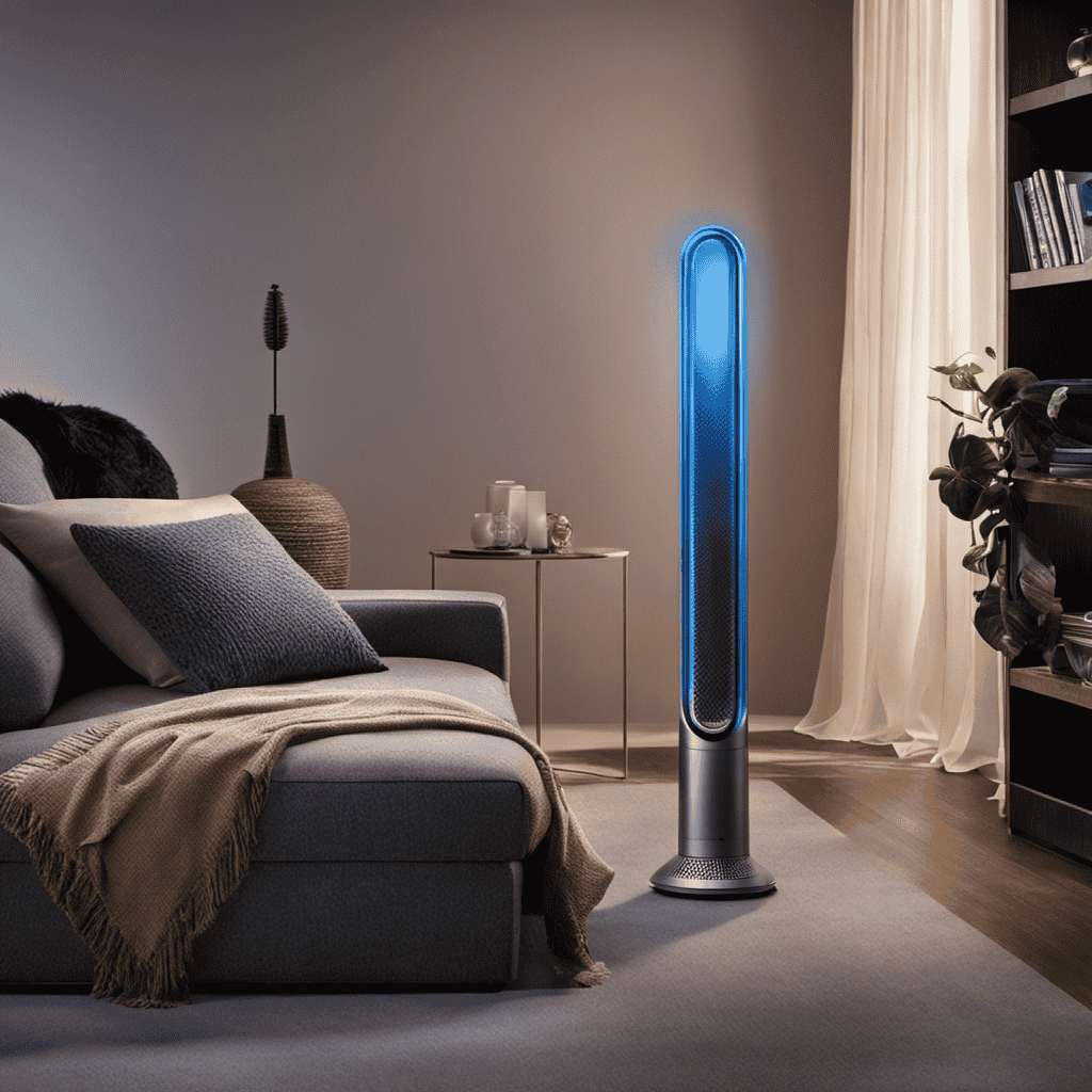 An image showcasing a calm, dimly-lit room with soft, ambient blue lighting emanating from the Dyson Air Purifier