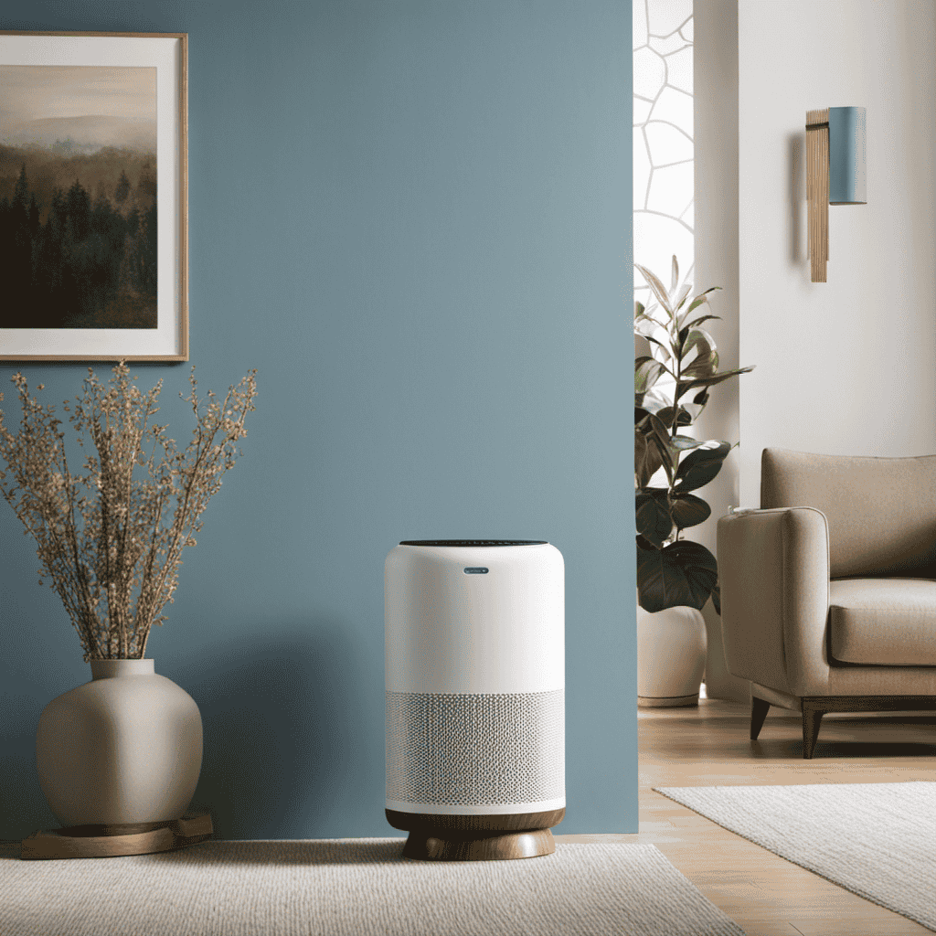 An image showcasing a serene living room with an ozone free air purifier subtly placed in the corner