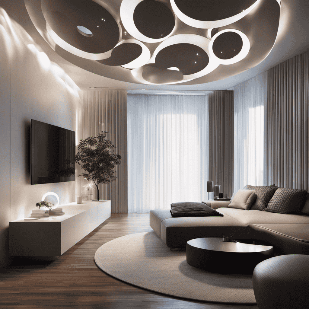 An image showcasing an air purifier emitting purified air molecules into a room, with a focus on the ozone molecules