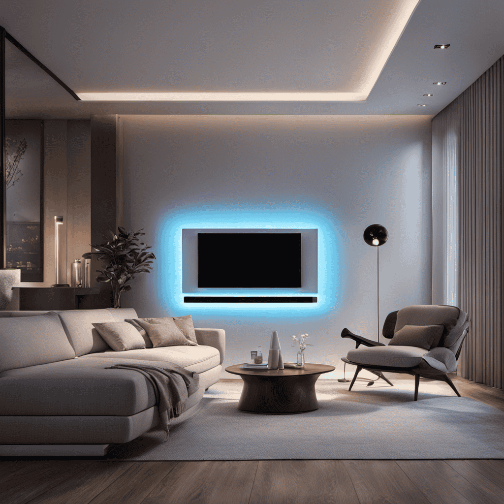 An image showcasing a sleek, modern living room with a permanent air purifier seamlessly integrated into the wall