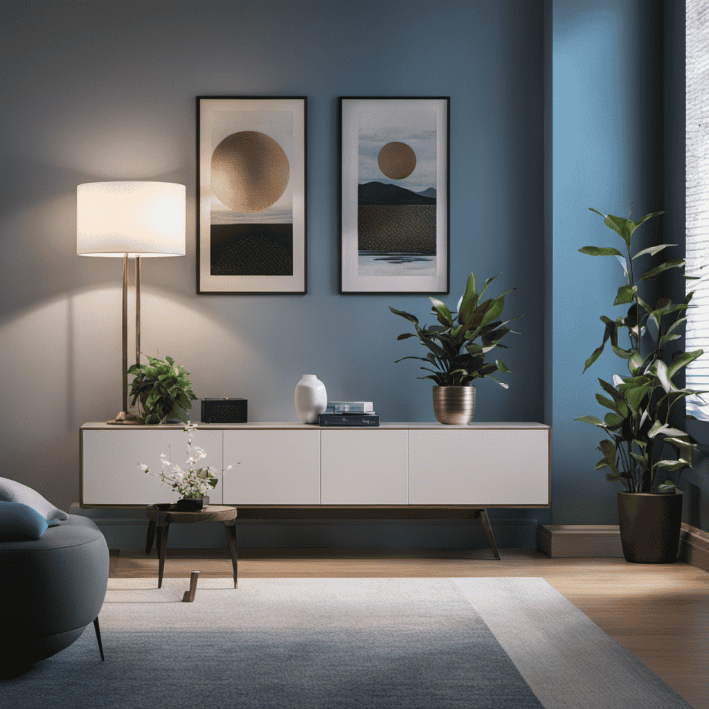 An image showcasing a modern living room with a sleek, compact plasma wave air purifier placed on a side table near a window, emitting soft blue light and purifying the air