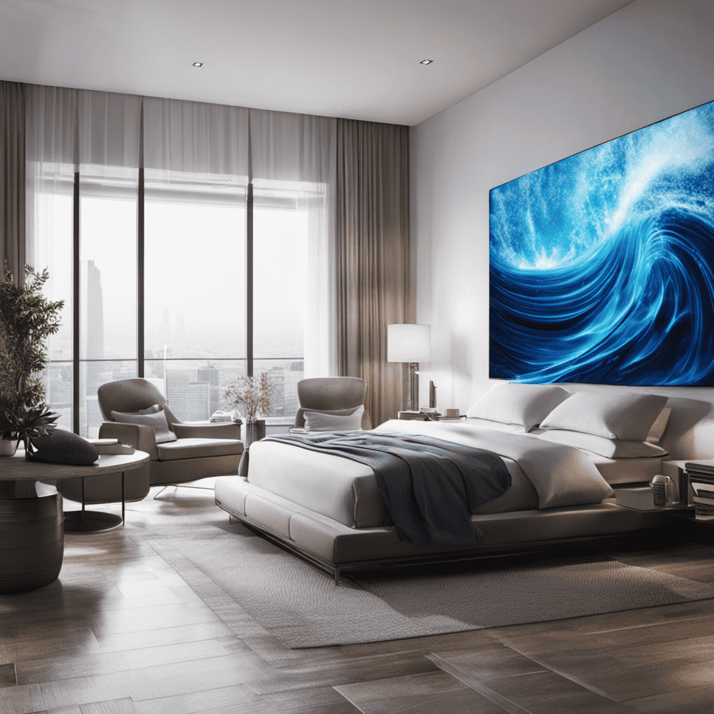 An image showcasing an air purifier emitting vibrant, electric blue waves of plasma