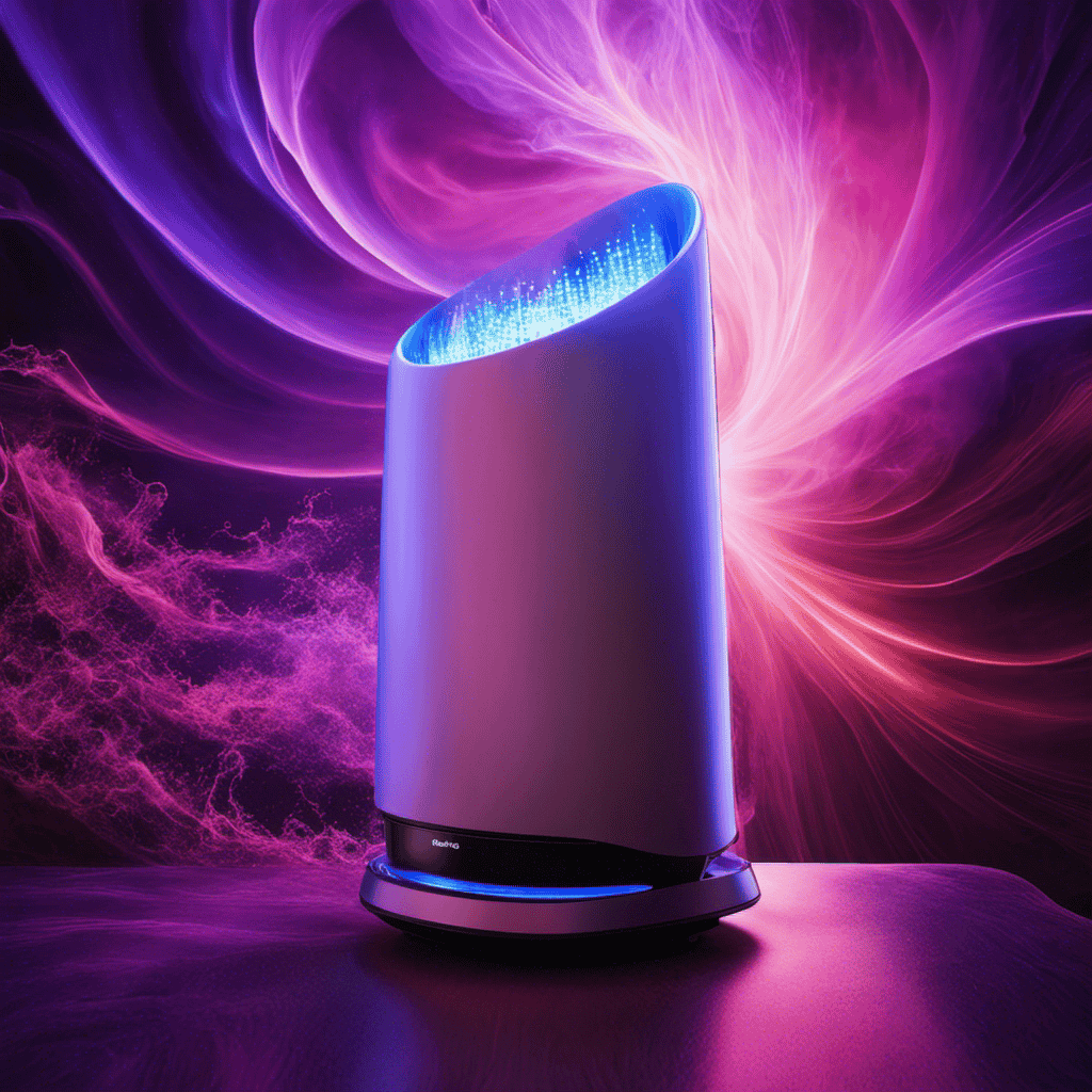 An image capturing the essence of a plasma wave on an air purifier, showcasing vibrant blue and purple hues cascading through the air