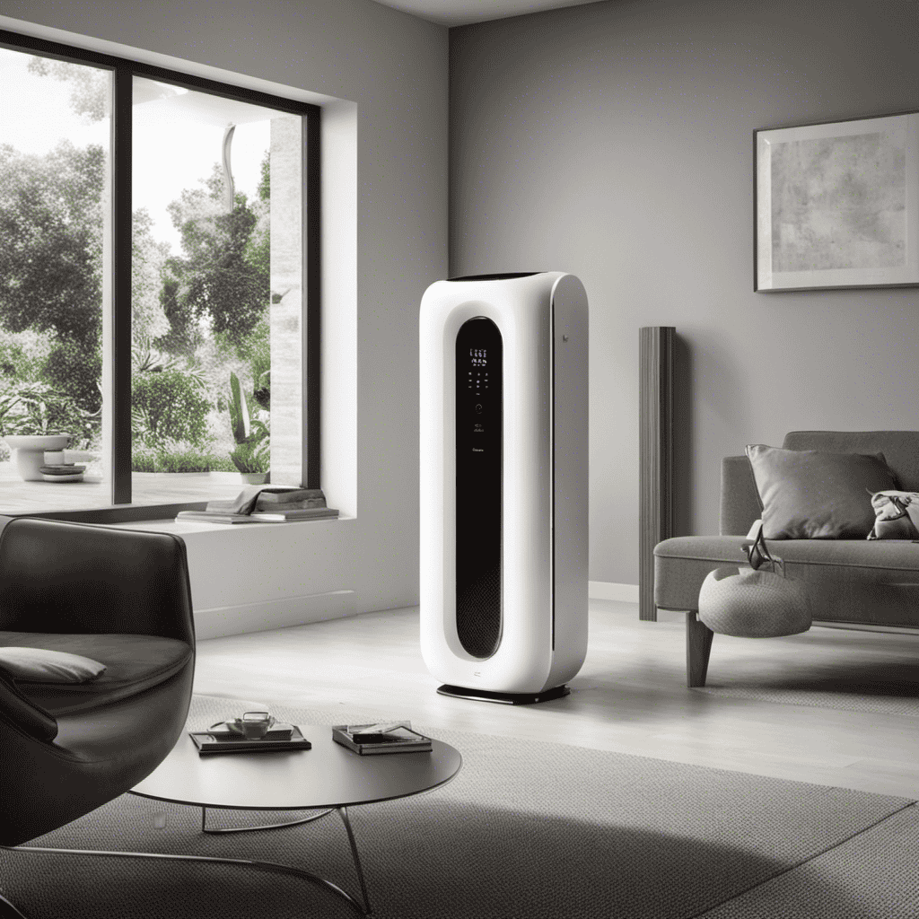 An image showcasing the sleek design of the Plasmawave Air Purifier, with its glossy white exterior, gently curved edges, and a slim profile that seamlessly blends into any modern living space