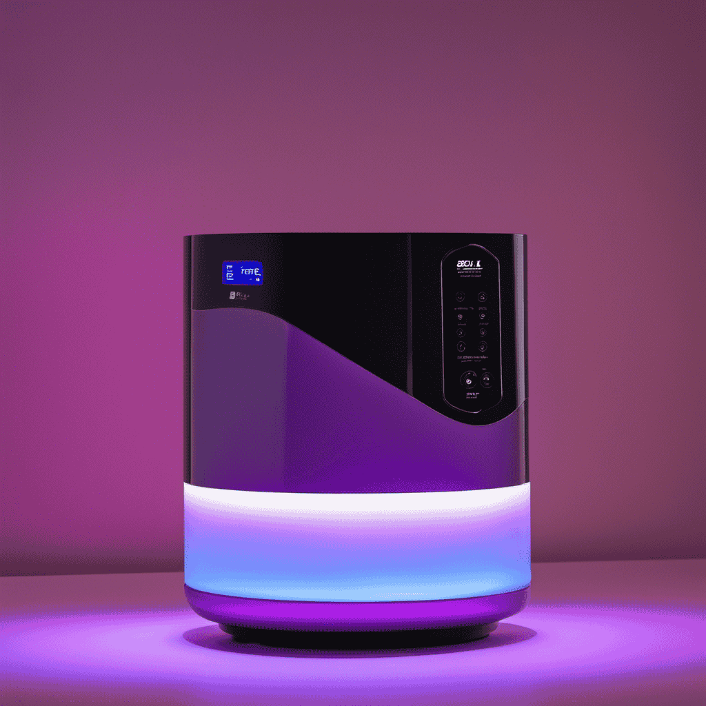 An image showcasing an air purifier with a UV light emitting a soft, soothing purple glow