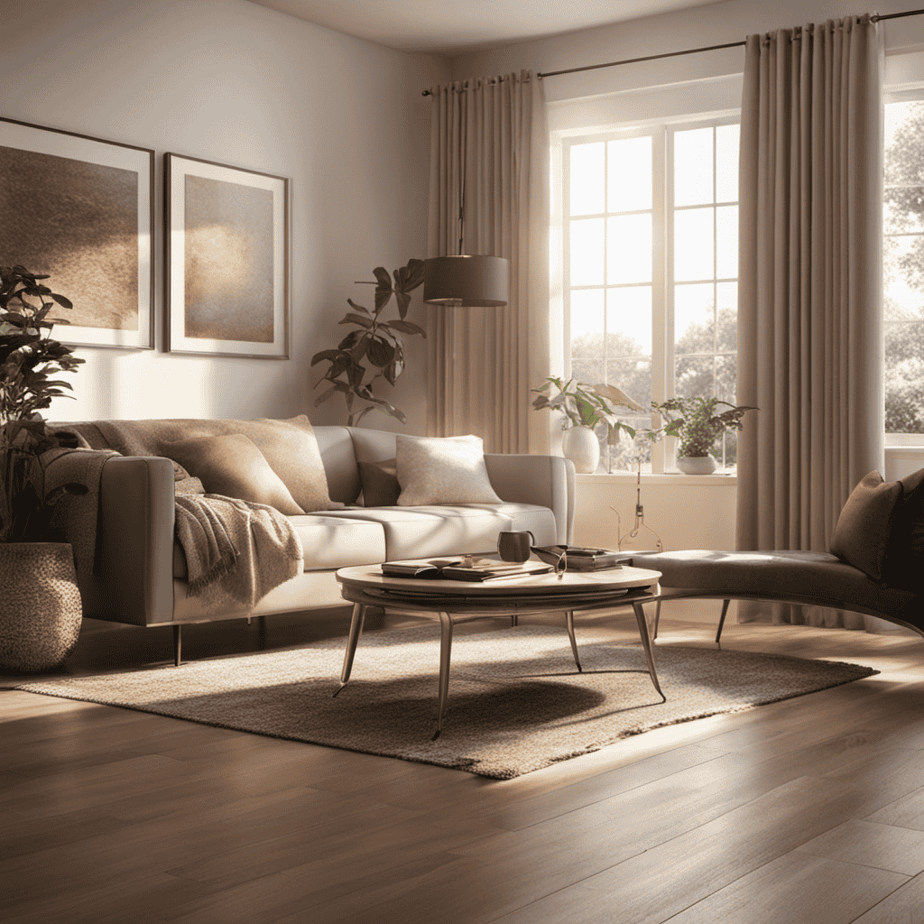 An image depicting a cozy living room with an air purifier placed near a window