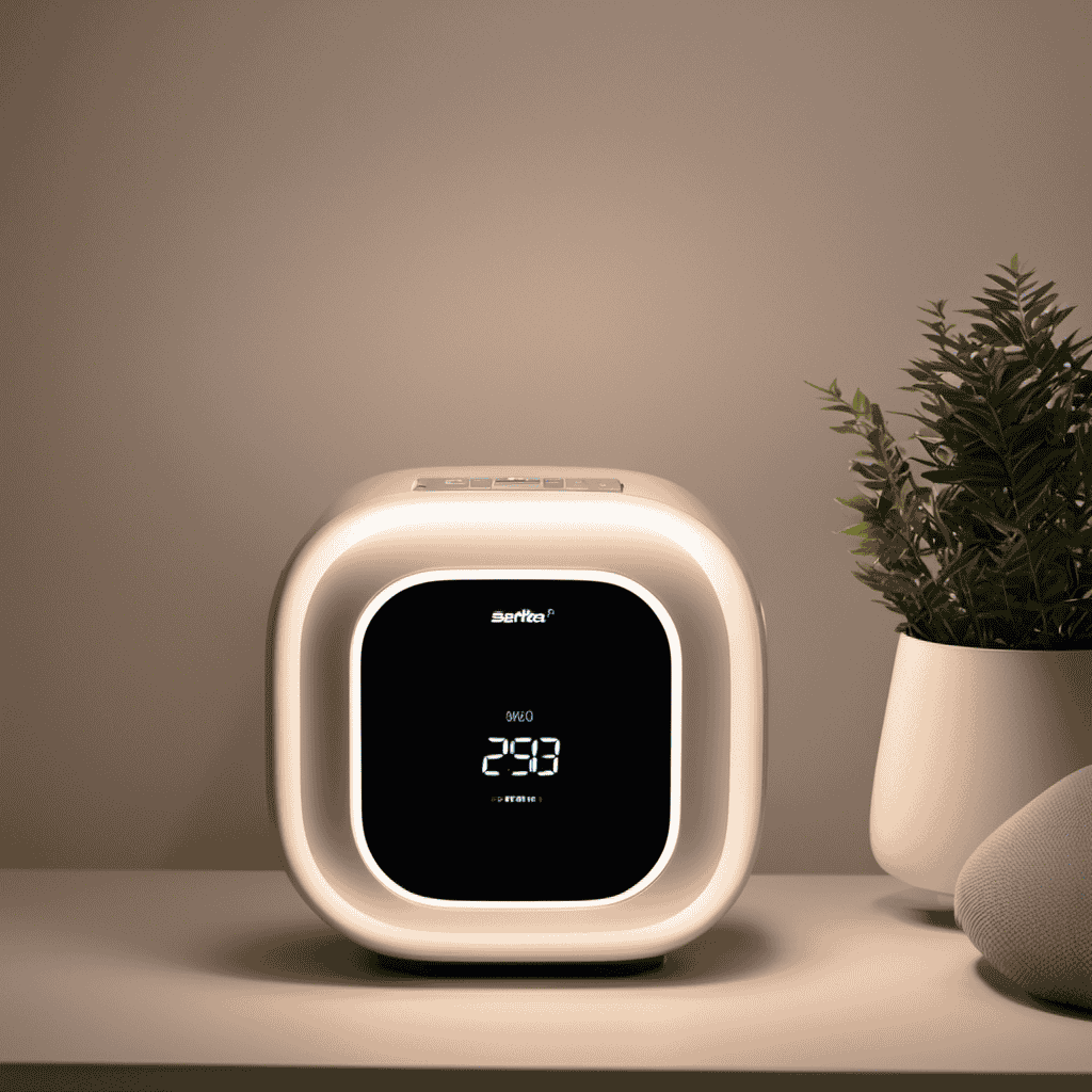 An image that showcases an air purifier in a dimly lit room, with a soft glow emanating from the device