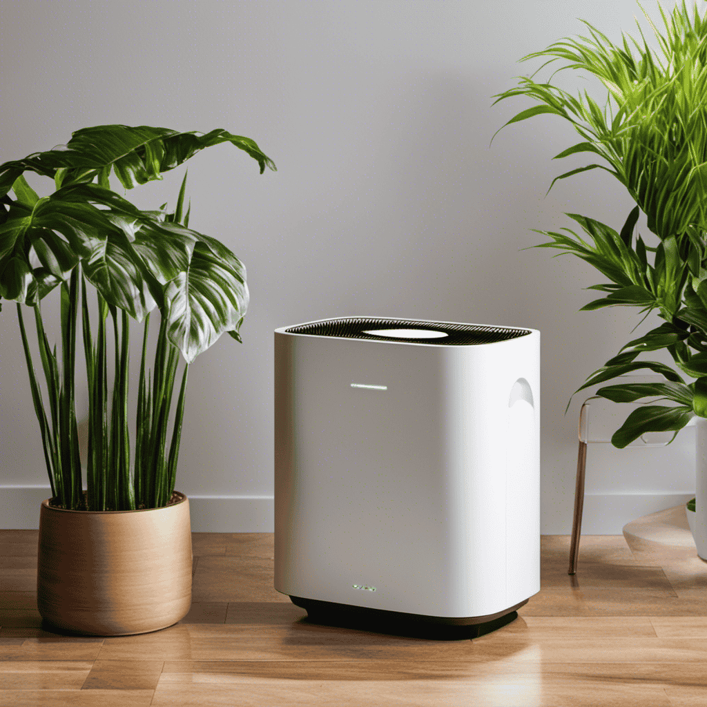 An image showcasing a sleek air purifier beside a vibrant green plant, with a subtle discount tag prominently displaying "30% off" on Air Purifier America's website