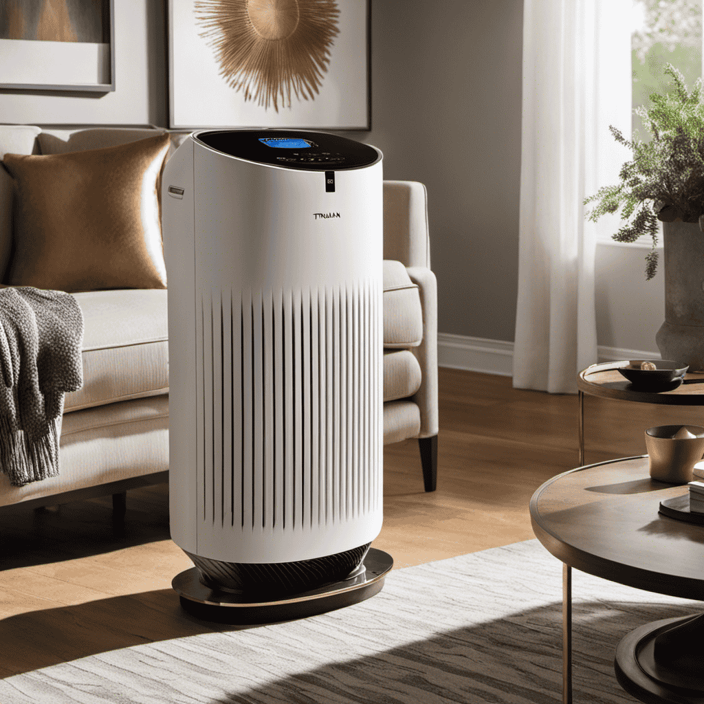 An image showcasing a sleek air purifier with a Truman Cell, surrounded by a pristine living room