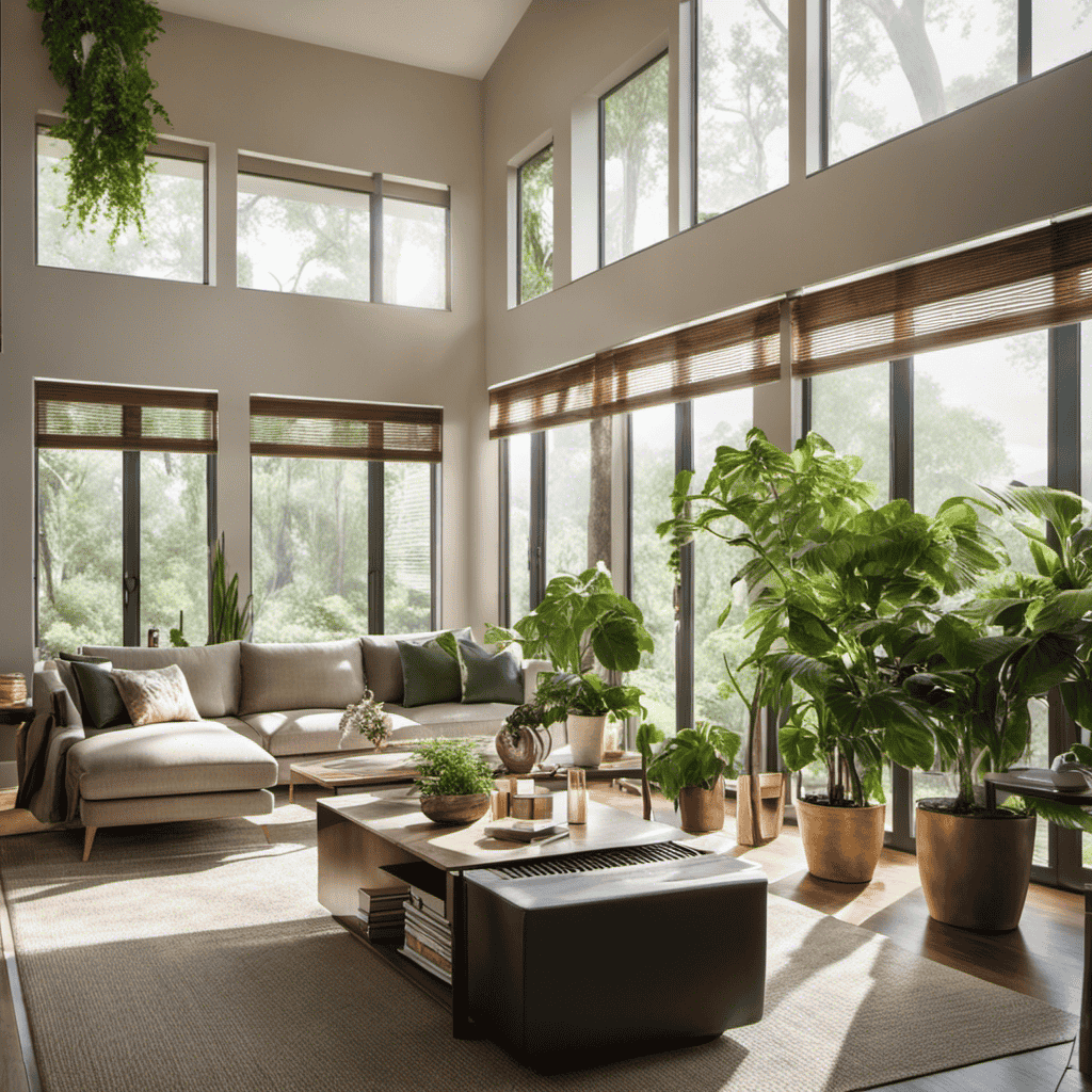 An image showcasing a modern living room with sunlight streaming through a large window