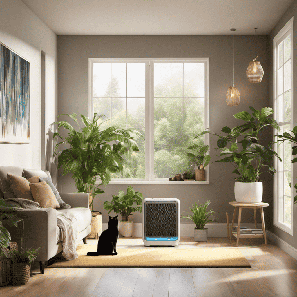 An image featuring a cozy cat rescue room adorned with vibrant plants, as sunlight filters through clean, fresh air