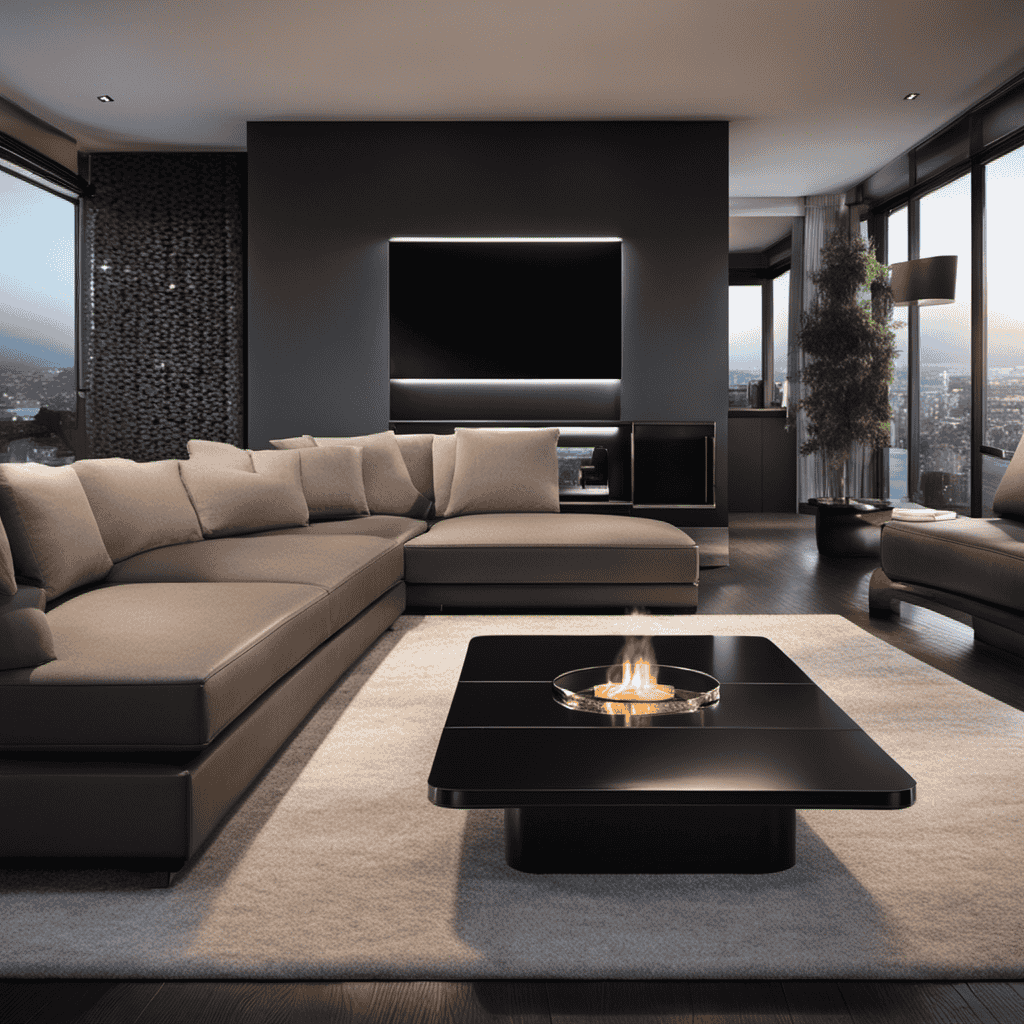 An image that portrays a sleek, modern living room with a lit cigarette in an ashtray on a coffee table