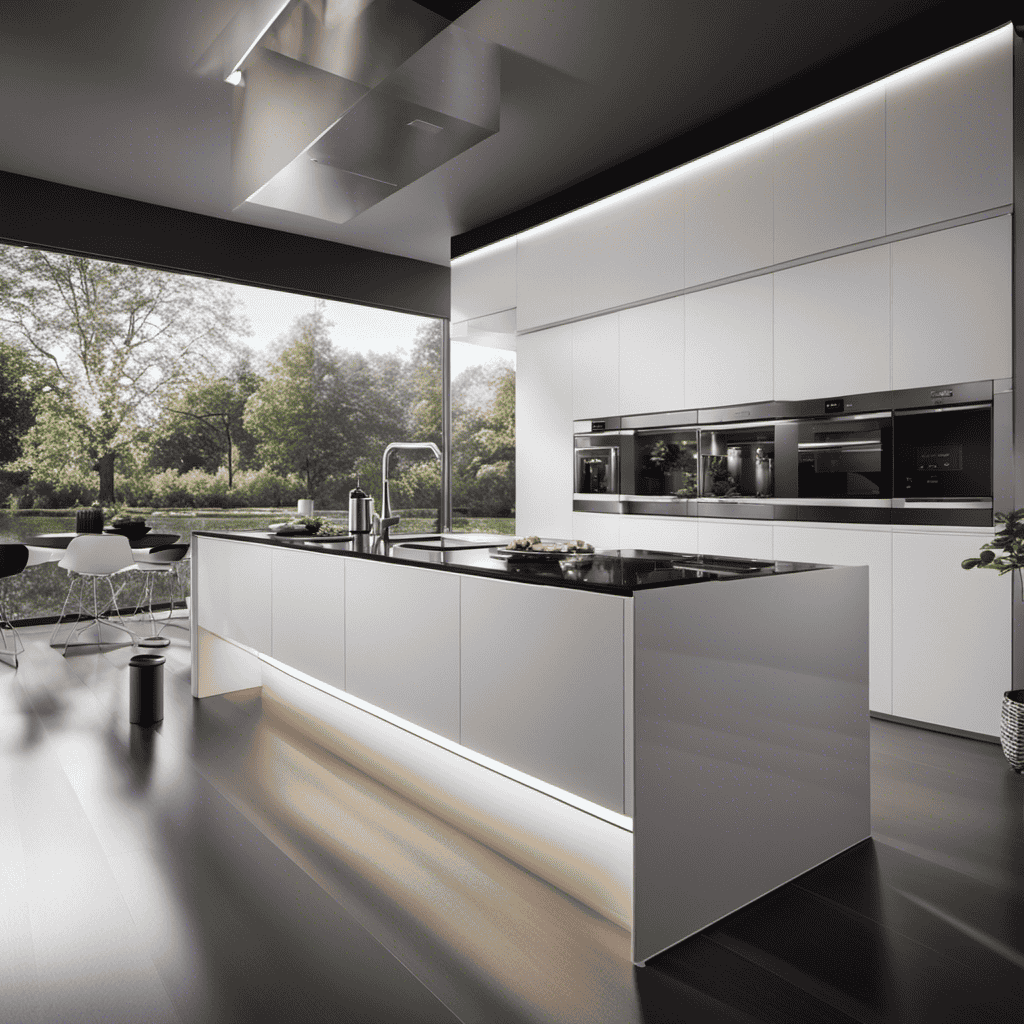 An image showcasing a sleek kitchen with a modern air purifier perfectly blending into the countertop