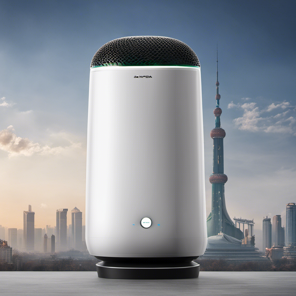 An image showcasing a sleek, modern air purifier standing tall against a backdrop of Beijing's iconic landmarks engulfed in thick smog