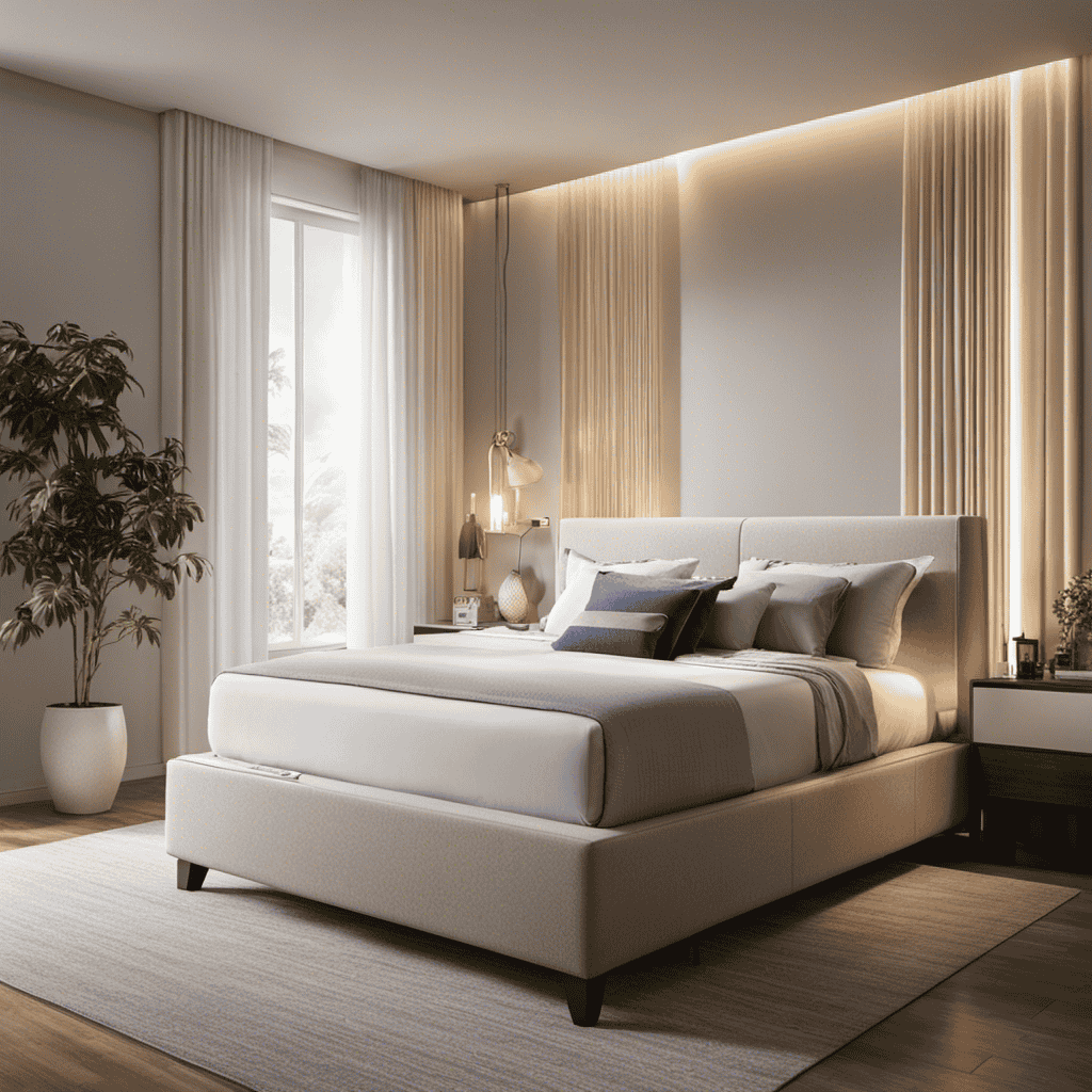 An image of a serene bedroom with a large, sleek air purifier placed at the foot of the bed