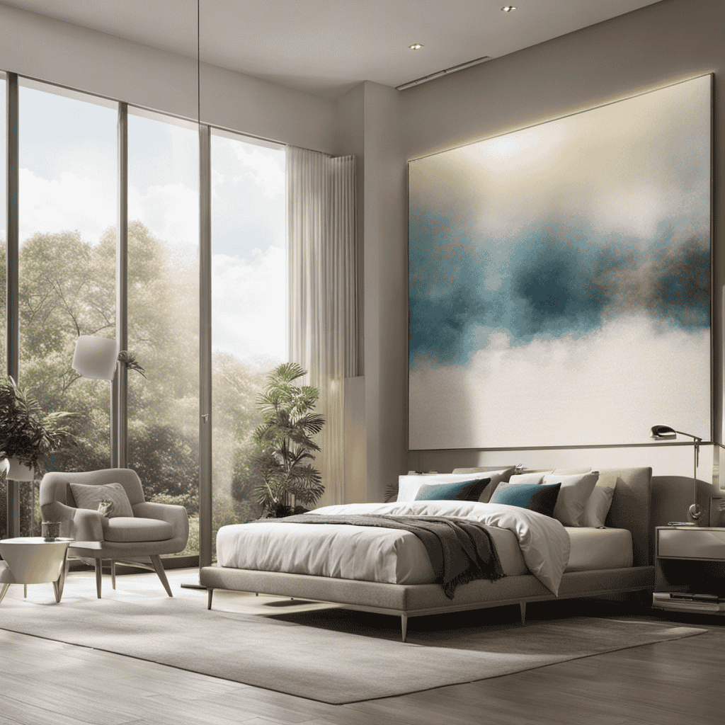 An image showcasing a serene bedroom with a large, sleek air purifier positioned near a sunlit window