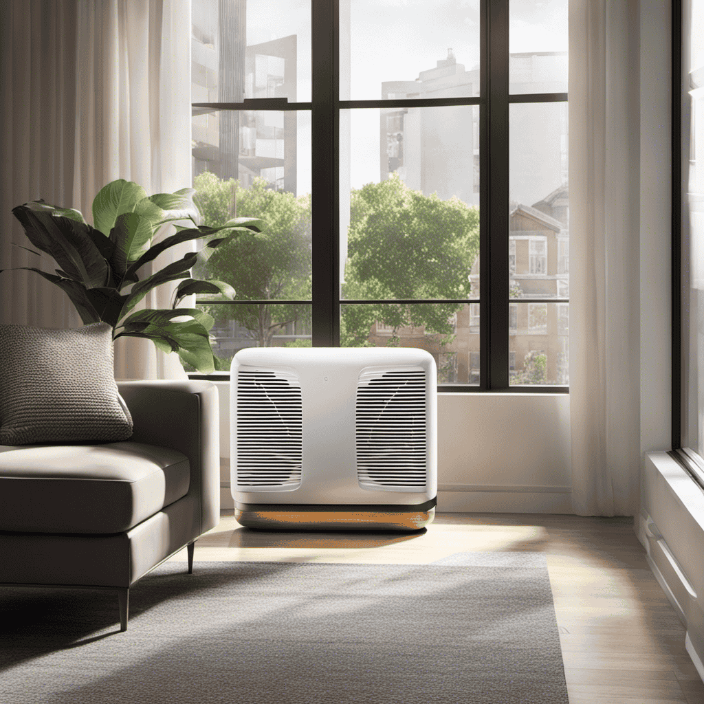 An image of a sleek, modern air purifier placed on a window sill in a cozy apartment